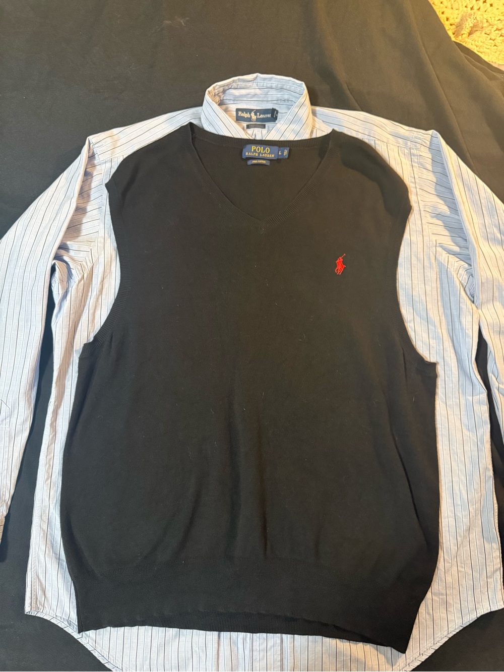 Lot Of 2 Polo Ralph Lauren Men’s Large Black Sweater Vest & Blue Button Shirt - Picture 4 of 12